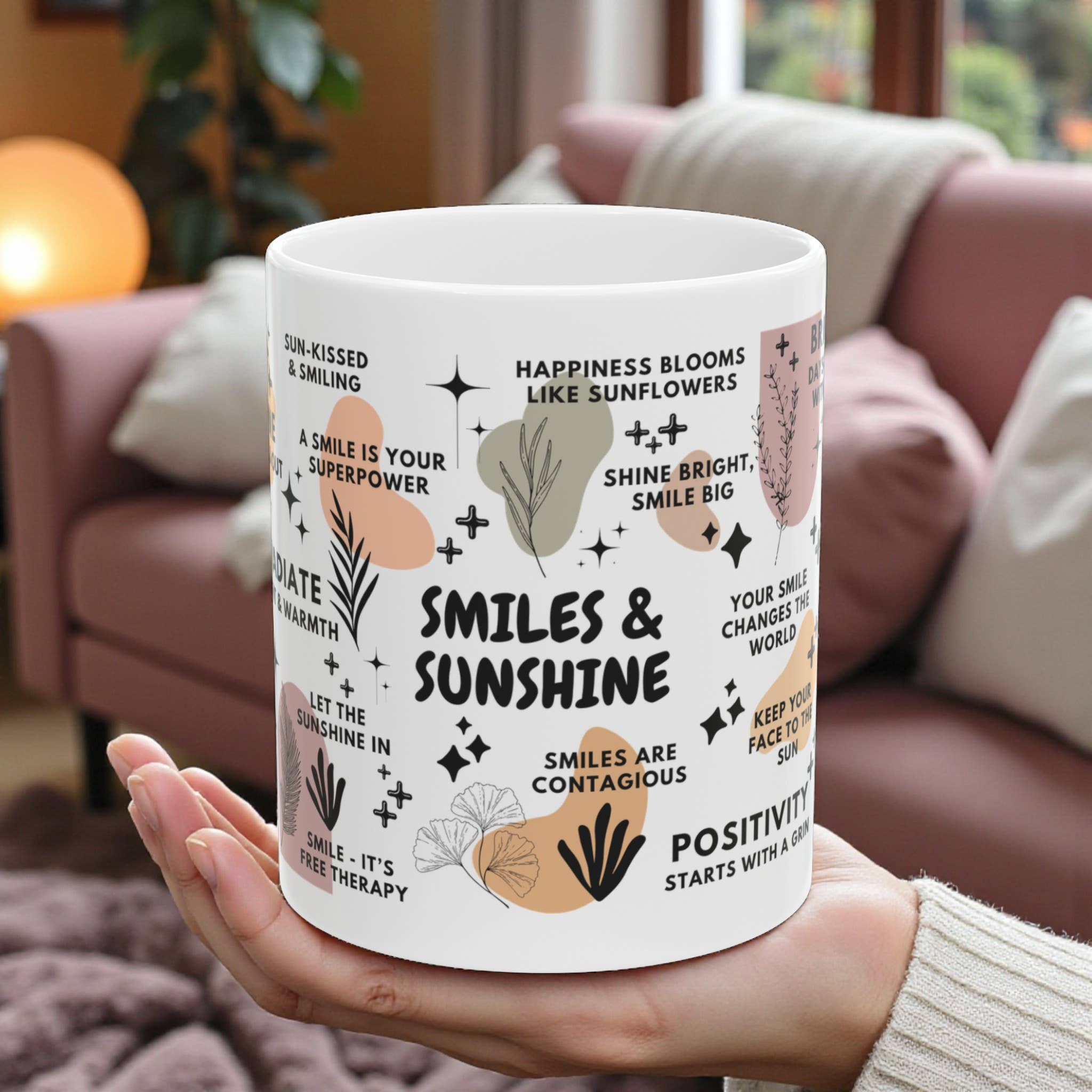 EMESLY - Wholesale Coffee Mug - Smiles & Sunshine Motivational Ceramic Coffee Mug; 11oz/15oz