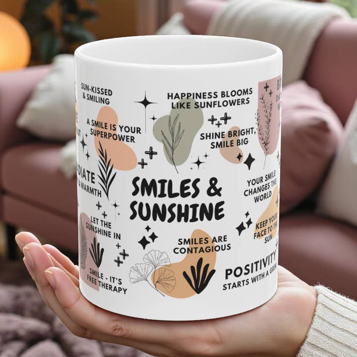 EMESLY - Wholesale Coffee Mug - Smiles & Sunshine Motivational Ceramic Coffee Mug; 11oz/15oz0
