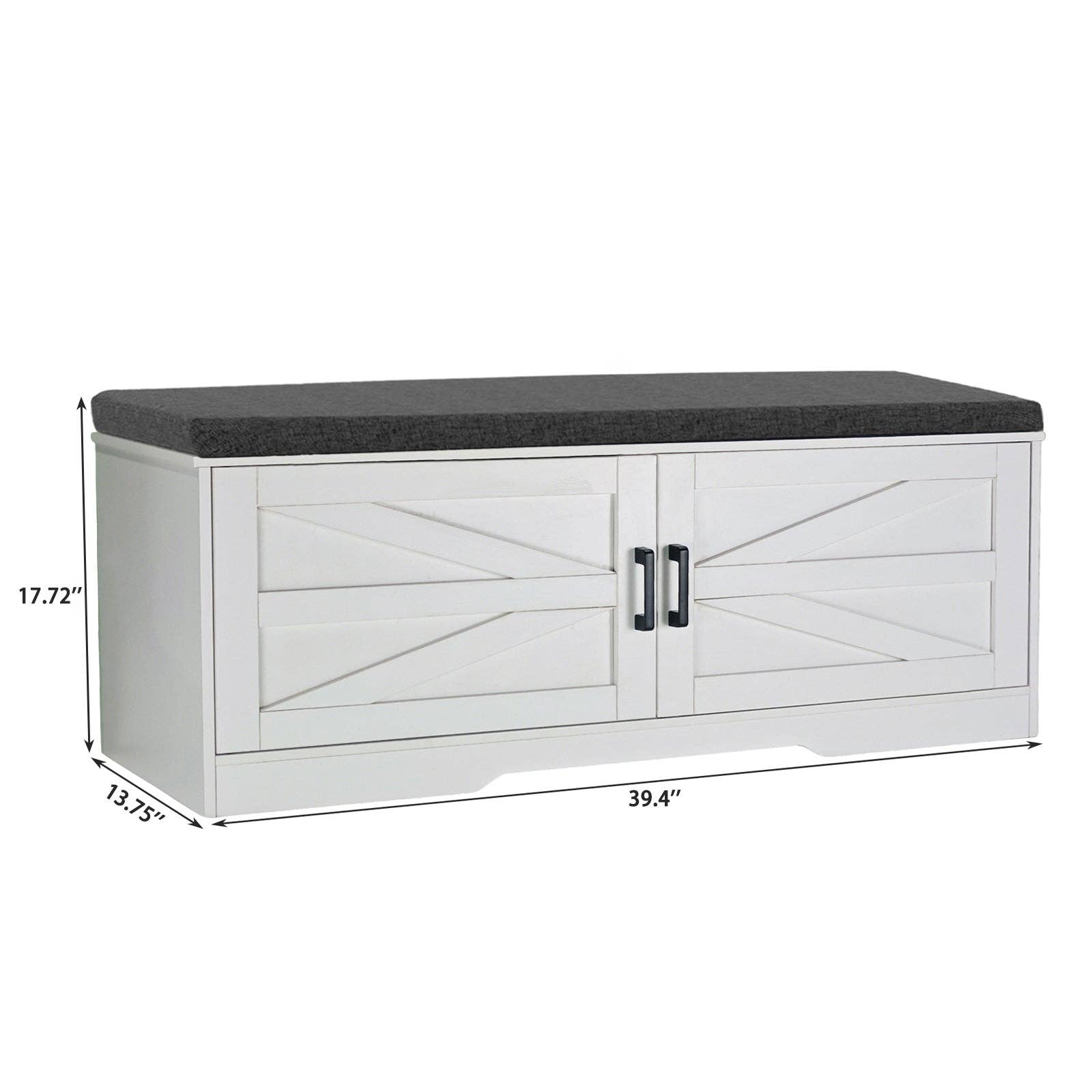 39F Inc. - Wholesale Shoe Rack - White 2-Tier Shoe Bench with Cushion Seat and Barn Doors3