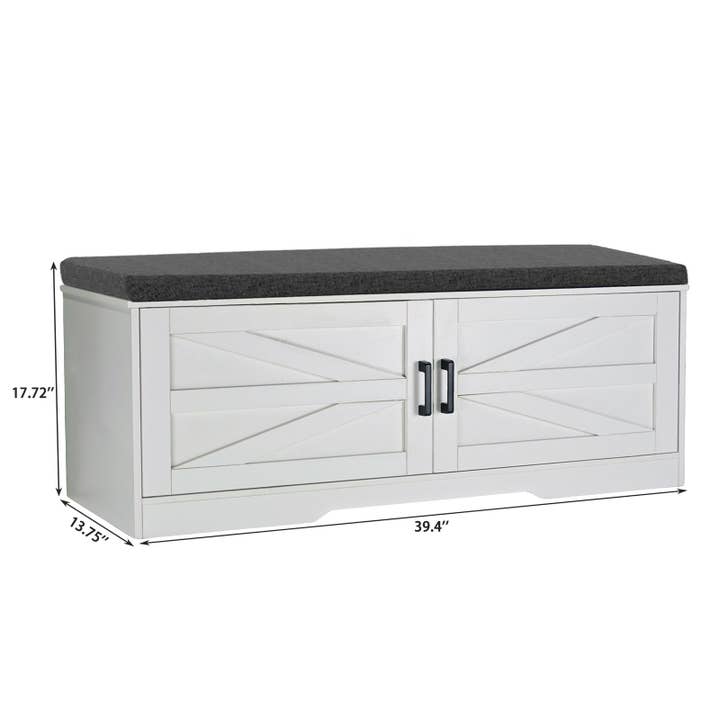 39F Inc. - Wholesale Shoe Rack - White 2-Tier Shoe Bench with Cushion Seat and Barn Doors3