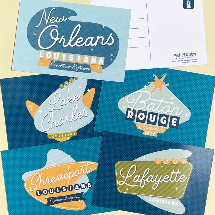 Louisiana Cities Postcards for wholesale by Pixel & Ink Creative