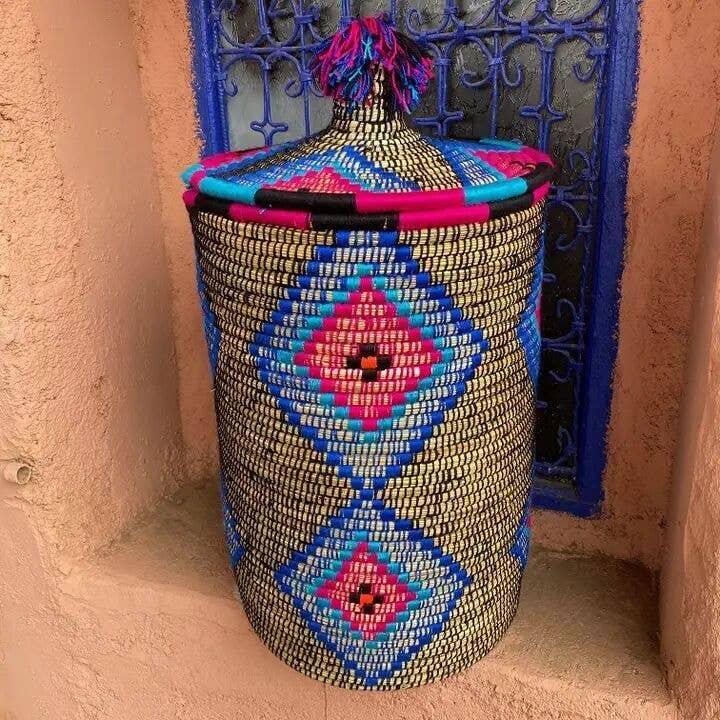 Cesto de folha de palmeira com tampa – Cesto de armazenamento boémio feito à mão por atacado de HandHappiness