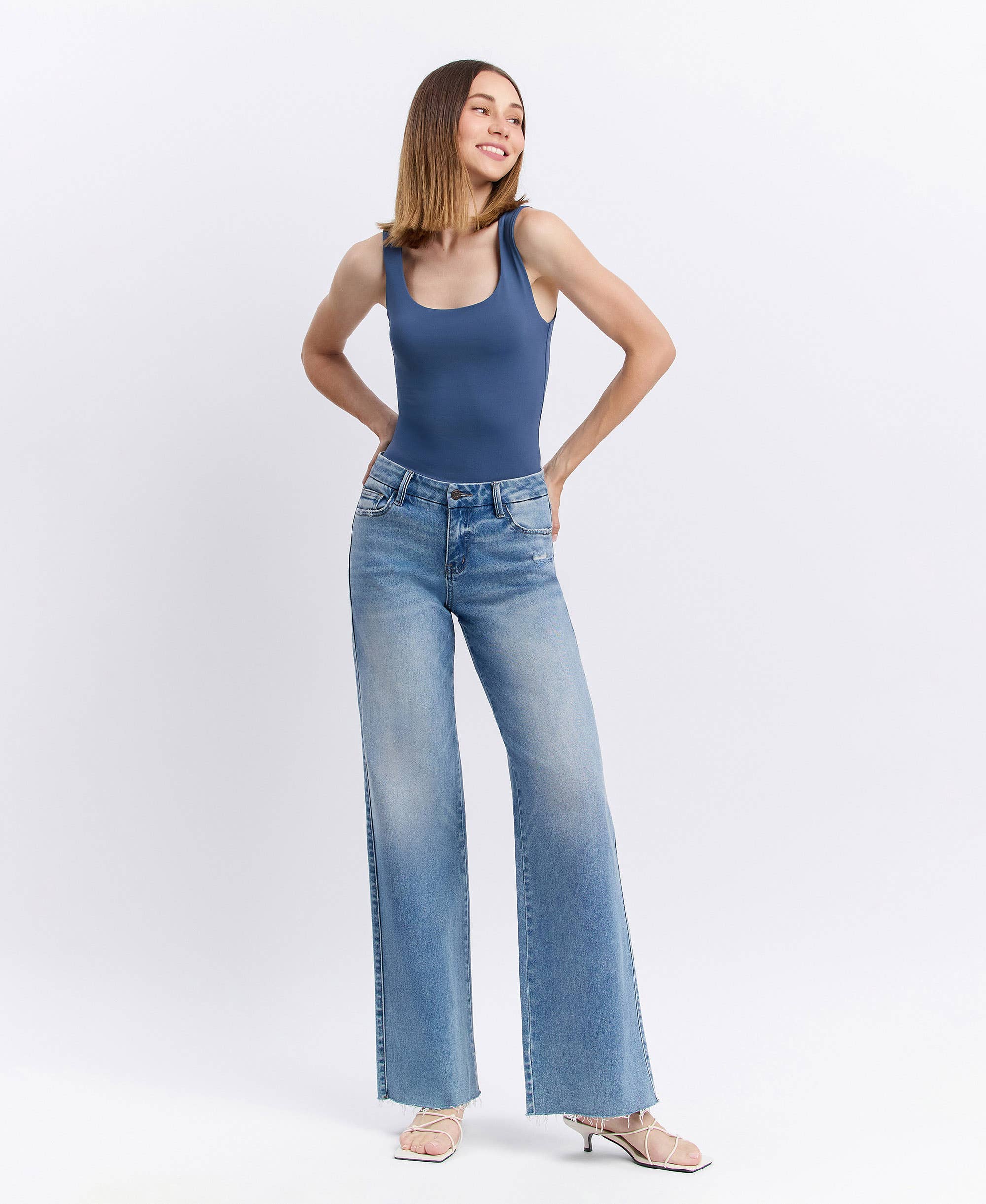 VOUCHSAFE MID RISE MEDIUM WASH CLEAN CUT RAW HEM WIDE JEANS T6017N for wholesale on Faire3