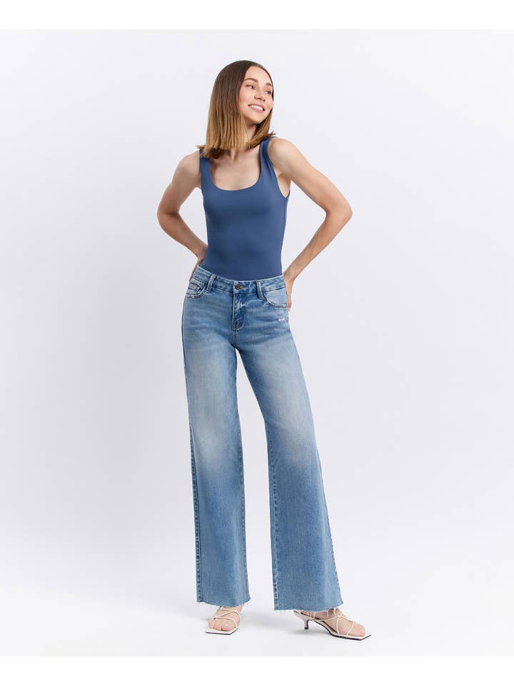 VOUCHSAFE MID RISE MEDIUM WASH CLEAN CUT RAW HEM WIDE JEANS T6017N for wholesale on Faire3