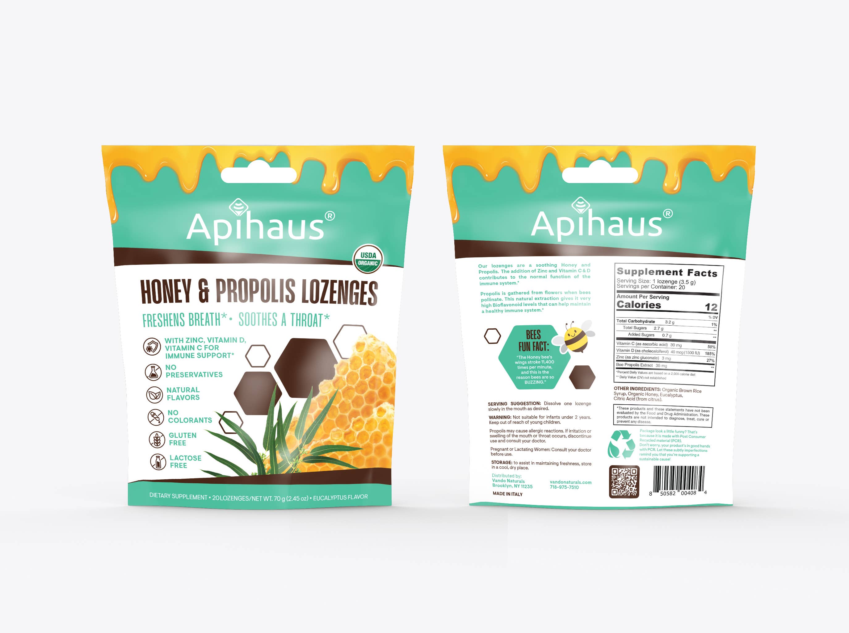 Vando Naturals - Wholesale Lozenges/Cough Drops - Apihaus Honey and Propolis Lozenges with Eucalyptus  20 pcs2