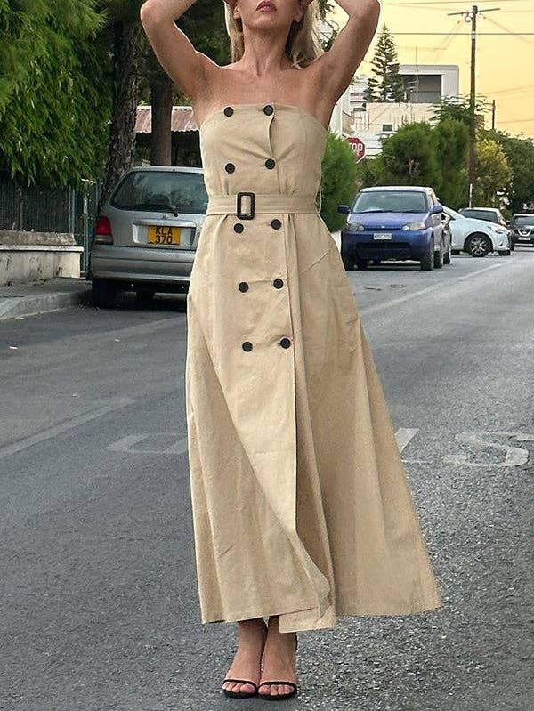 KHAKI A-Line Loose Belted Buttoned Tube Maxi Dresses for wholesale on Faire2