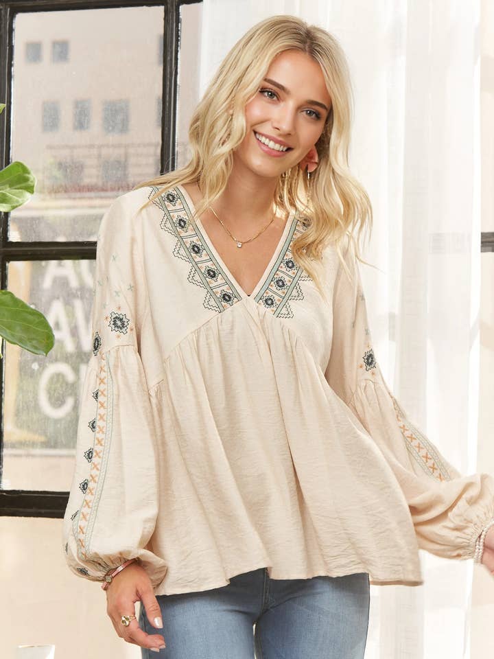 CET4105-FLORAL PUFF SLEEVE EMBROIDERED BLOUSE for wholesale by ADORA LA