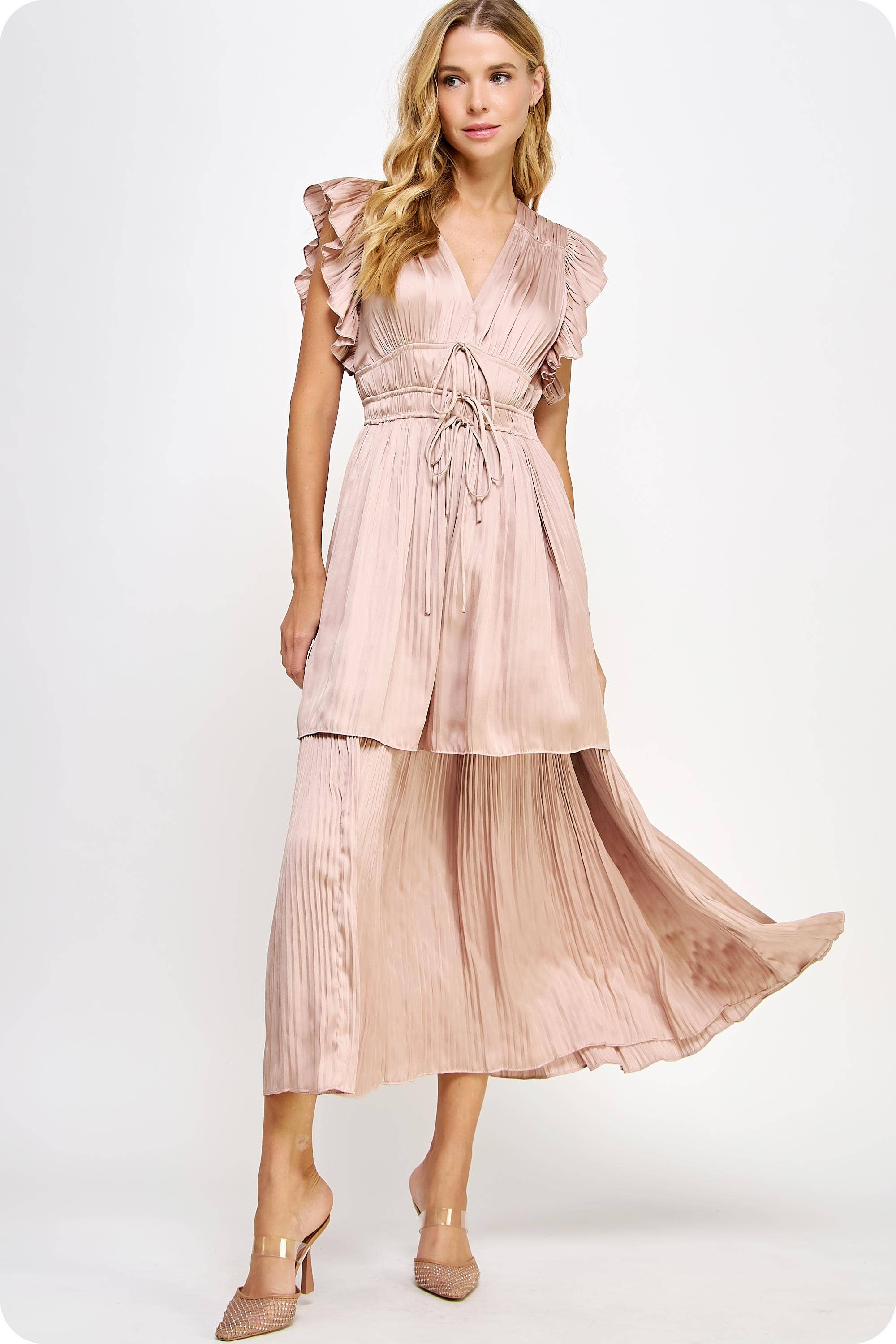 Strut & Bolt – wholesale Dress – Women's – Ruffled Pleated Satin Long Dress0