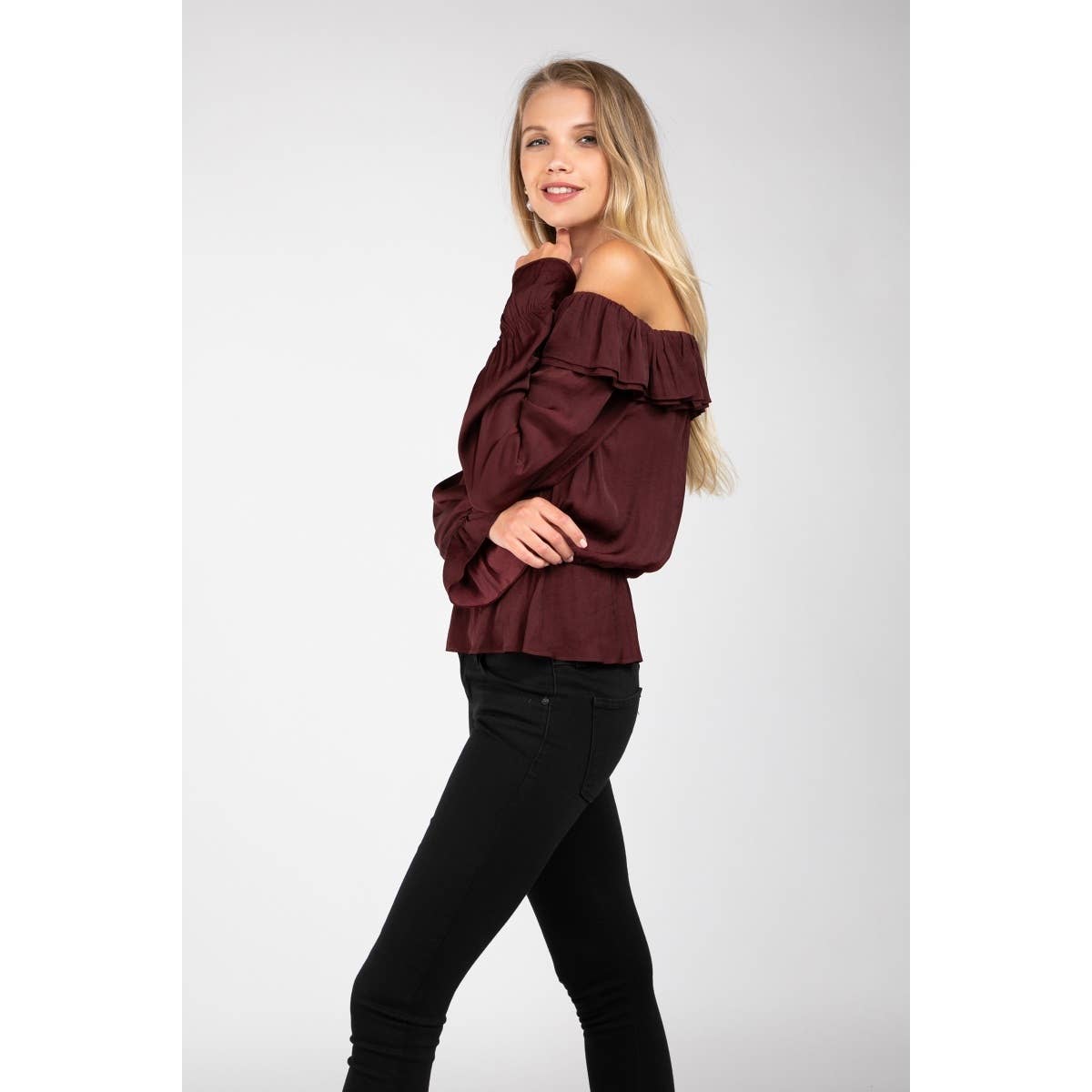 Naked Zebra Rack - Wholesale Blouse - Women's - Off Shoulder Long Sleeve Peplum Blouse5