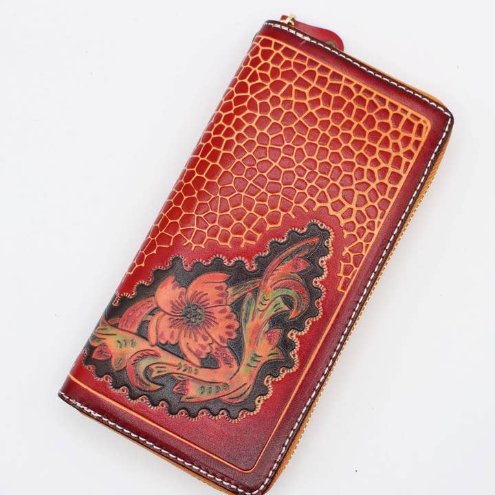Handmade leather floral extra-large wallet for wholesale by Sunflower Handmade leather inc