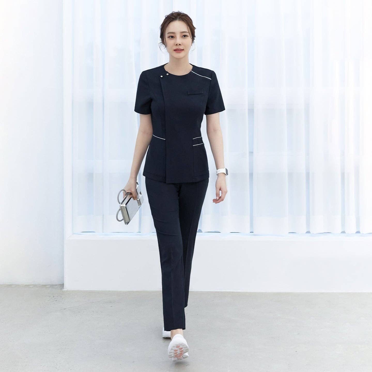 Navy Zenir | W-Simple Front Zipper Scrub Top for wholesale on Faire1