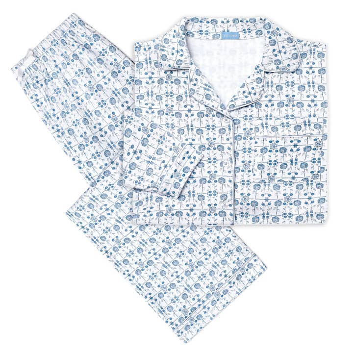 Coastal Bloom Blue Hydrangeas Women's Button Front Long Pajama Set for wholesale on Faire