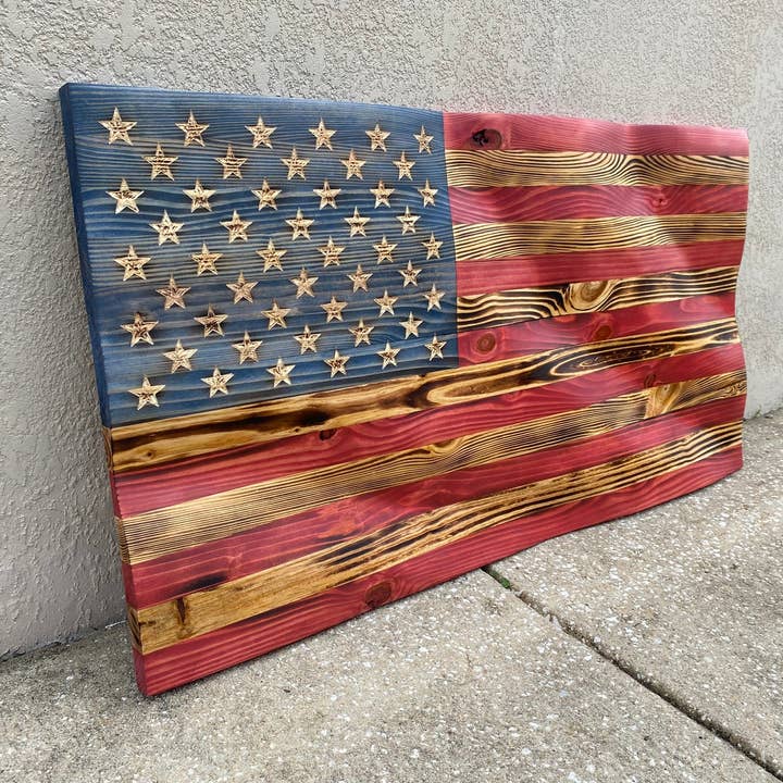 Rugged Cross Creations - Wholesale Wall Sign - Waving Wooden Extra Rustic Wood Burnt American Flag5