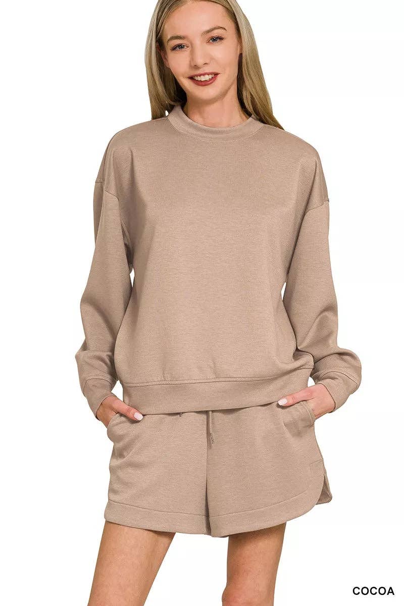 COCOA Zenana Scuba Long Sleeve Sweatshirt and Shorts Set for wholesale on Faire0