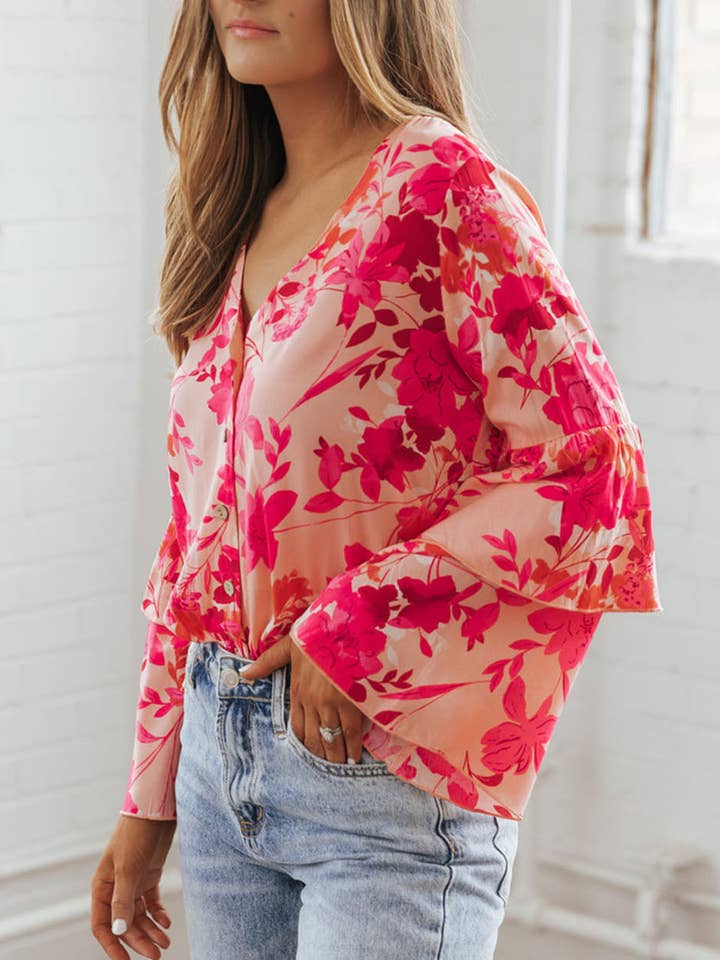 Pink Floral Print Tiered Bell Long Sleeve Buttoned Bodysuit for wholesale on Faire
