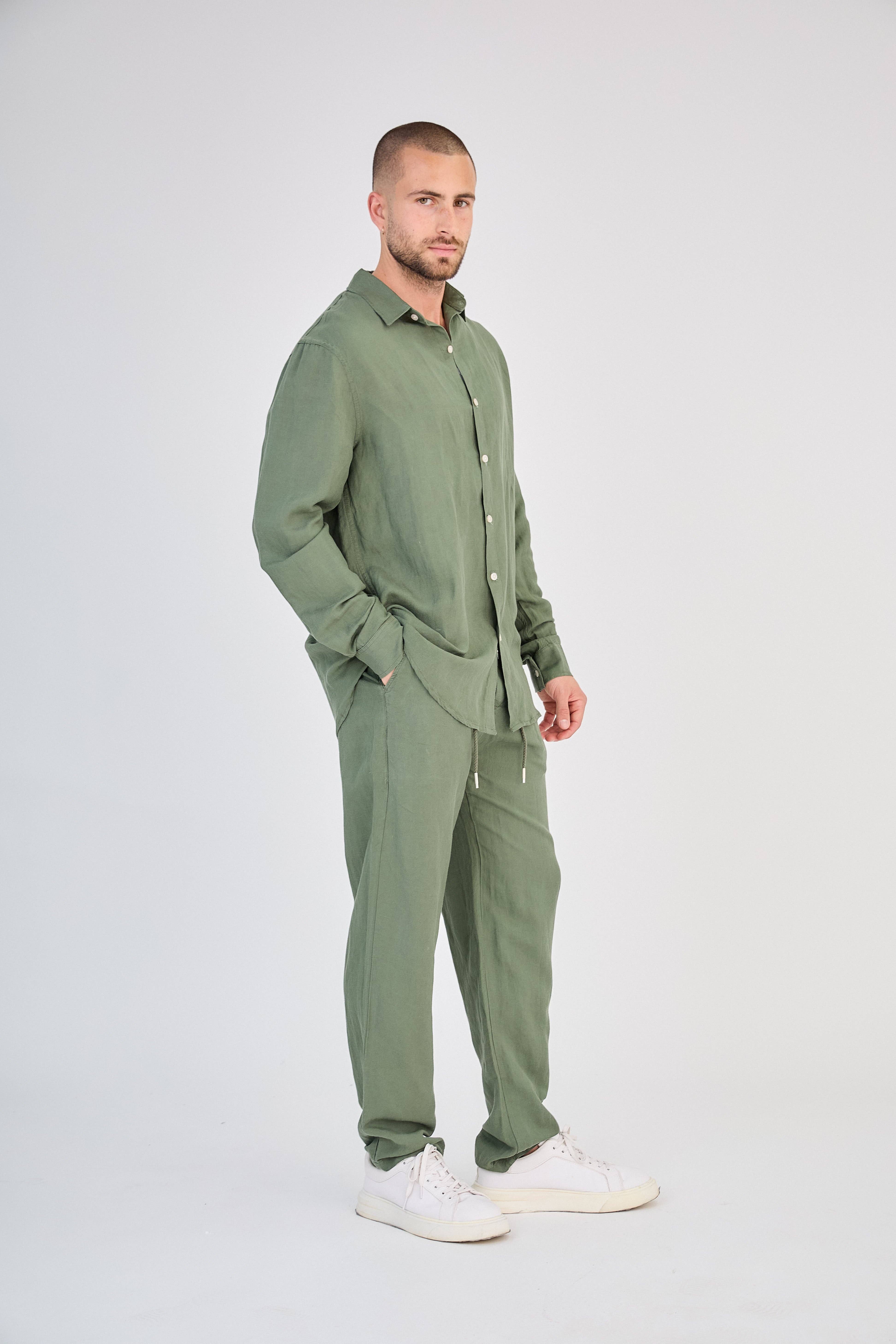 TOP MONDAY - Wholesale Shirt - Men's - Green Long Sleeve Linen Shirt2
