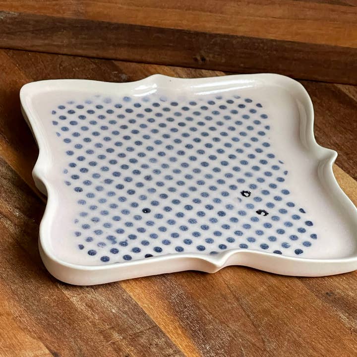 Square serving, cake, dessert, salad, cupcake polka dot plates. Spoon Rest for wholesale by Chrys' Porcelain