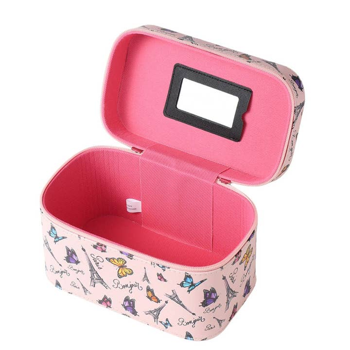 Selini New York - Wholesale Makeup/Cosmetic Bag - Medium Butterflies & Paris Makeup Train Case-LNCTB3006-PK