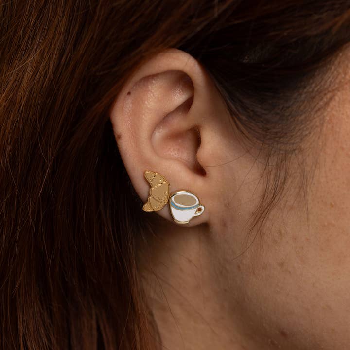 Yellow Owl Workshop - Wholesale Stud/Post Earrings - Croissant & Coffee Earrings - Gold Statement Studs