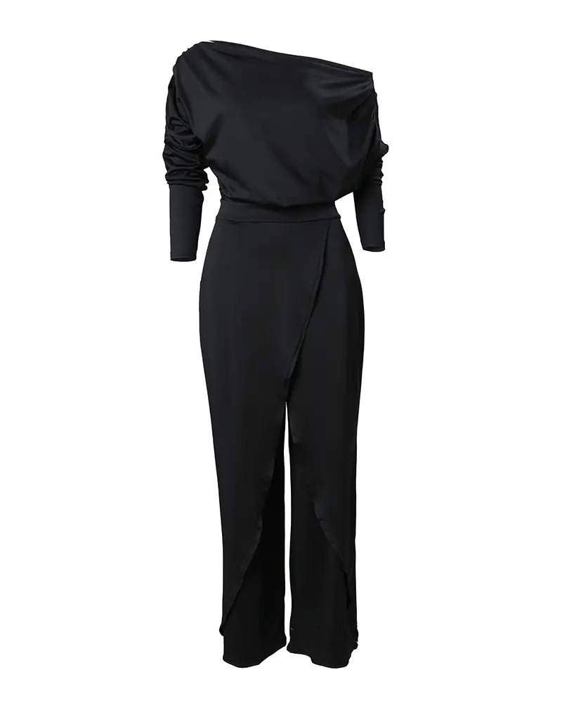 Queen Fashion - Wholesale Jumpsuit - Women's - ruched cold shoulder split hem wide leg jumpsuit5