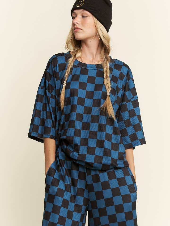 JADE BY JANE - Wholesale Lounge Set - Women's - RIBBED CHECKERED PRINT TOP/STRAIGHT LEG PANTS SET31