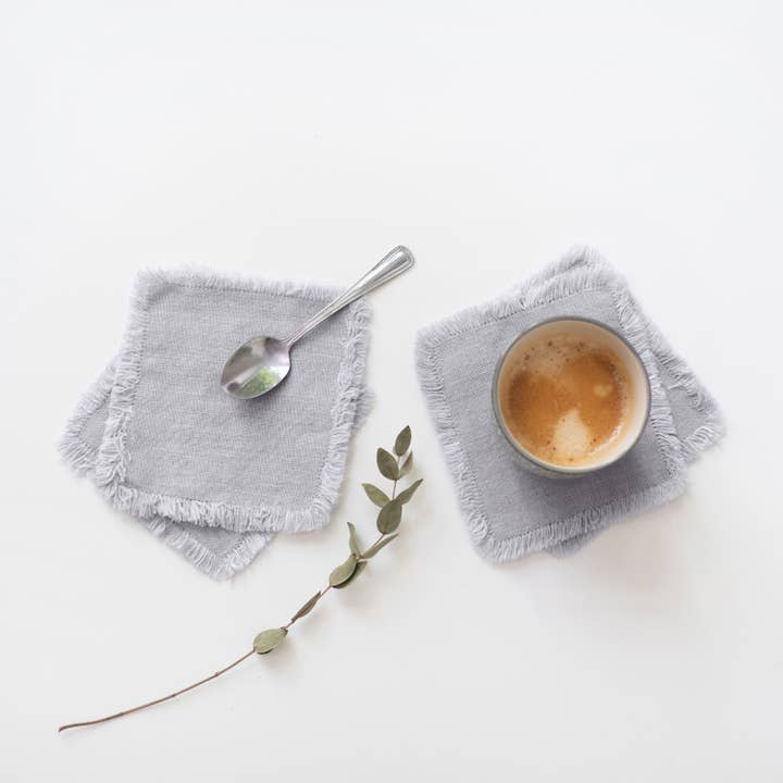 Light Grey Linen Coasters with Fringes Set of 4 for wholesale by Linen Tales (We cover U.S. import duties)