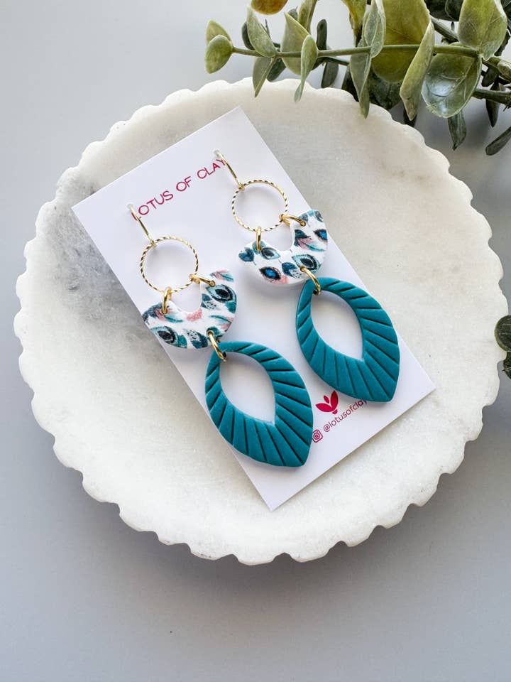 Teal green boho summer earrings, large statement earrings for wholesale by Lotus of clay