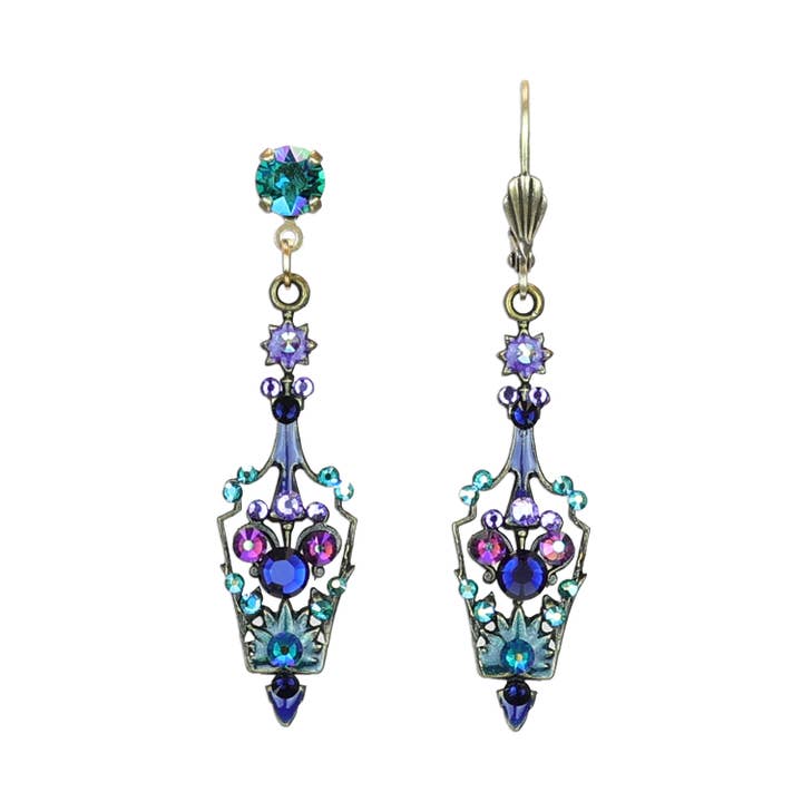 Boucles d'oreilles en cristal violet, bleu et vert en filigrane fleuri pour la vente par Anne Koplik Designs, Inc.