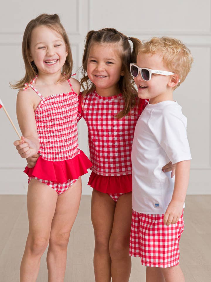 Boys Vintage Red Gingham Swim Trunks for wholesale on Faire
