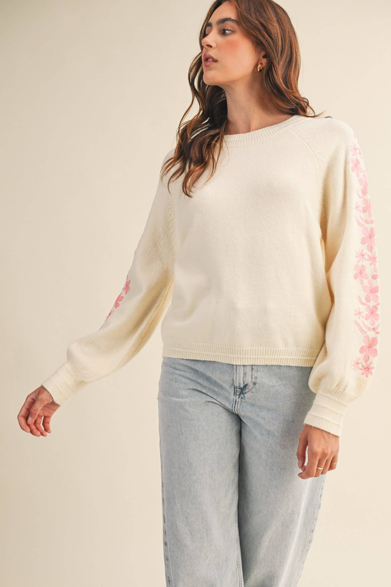 &MERCI - Wholesale Knit Sweater - Women's - PULLOVER SWEATER WITH FLORAL EMBROIDERED SLEEVES MSW1089022