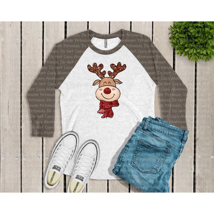Faux Sequin Reindeer Raglan Tee for wholesale by Aluminum Petunias