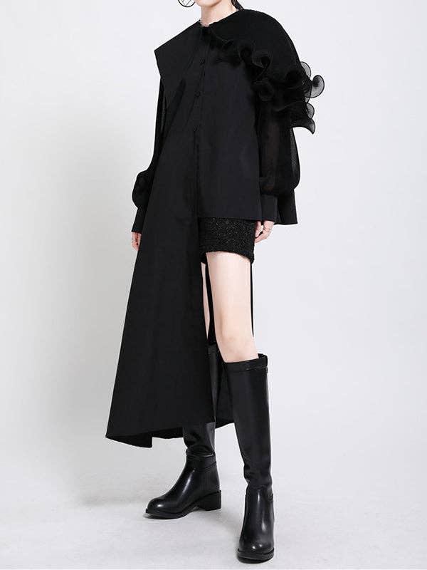 VividLux - Wholesale Blouse - Women's - Long Sleeves Loose Asymmetric Pleated Solid Color Split-Joint Falbala Lapel Blouses&Shirts Tops13