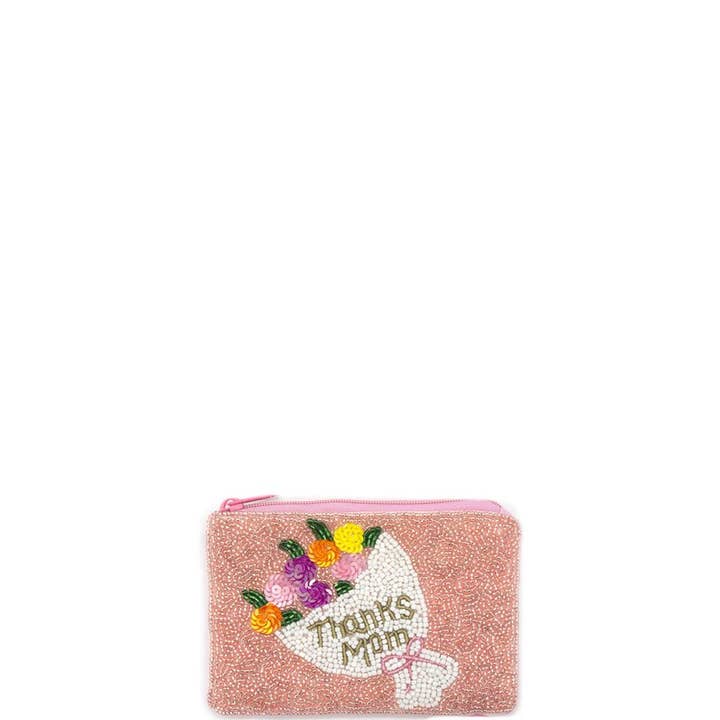AS SHOWN SEED BEAD "THANKS MOM" COIN BAG for wholesale on Faire