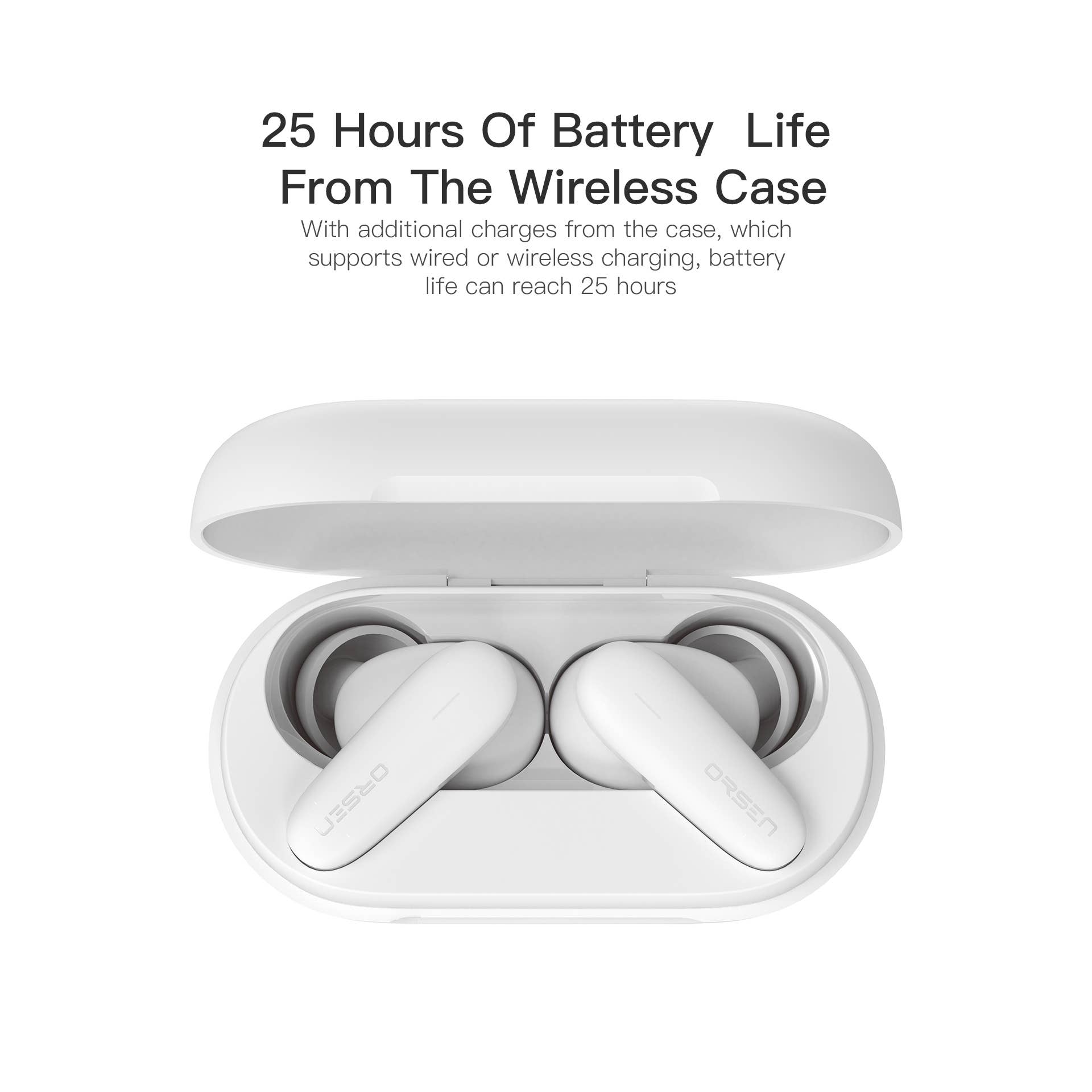 White TWS Bluetooth Earphone ORSEN T3 with wireless charging case, for wholesale on Faire3