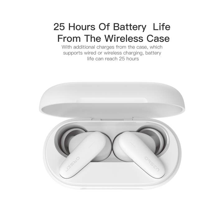 White TWS Bluetooth Earphone ORSEN T3 with wireless charging case, for wholesale on Faire3
