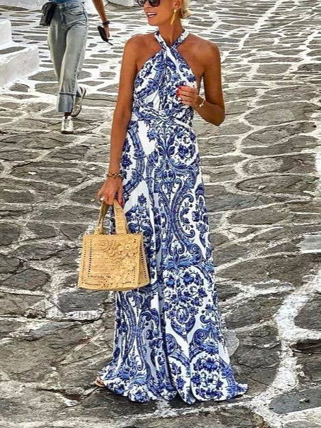 Blue Bohemian Paisley Halter Neck Maxi Dress for wholesale on Faire1