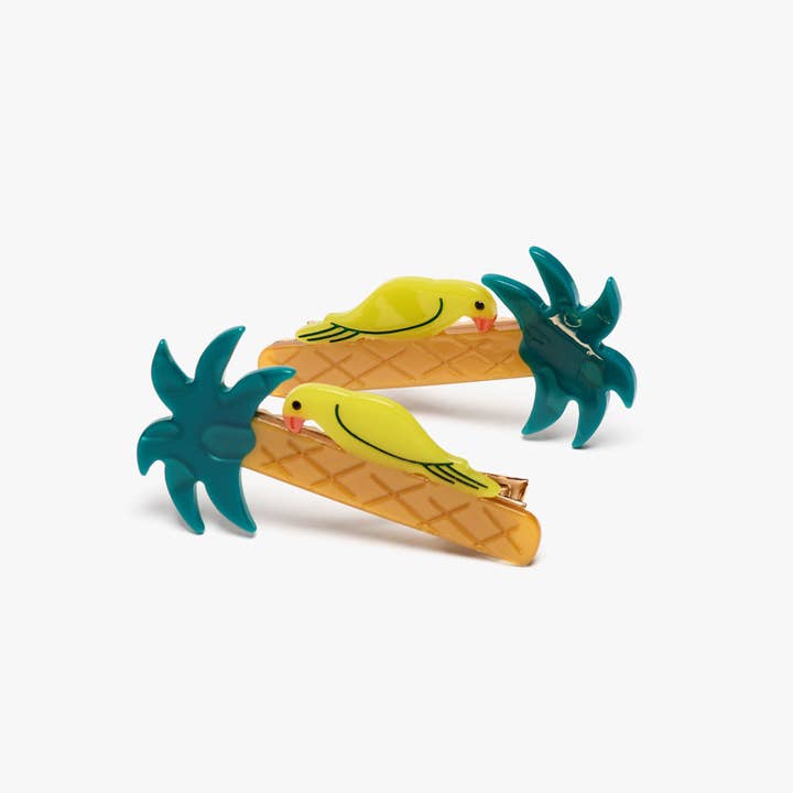 WINONA IRENE – Großhandel Haarclip – Damen – Grüner Papagei auf Palmenbaum Alligator-Haarspangen-Set1