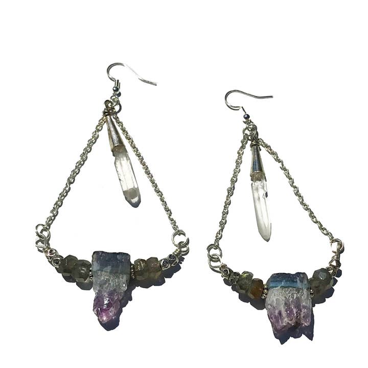 Orecchini pendenti con ametista, labradorite, cristallo per la vendita all'ingrosso da parte di Hi Octane | SilverBotanica