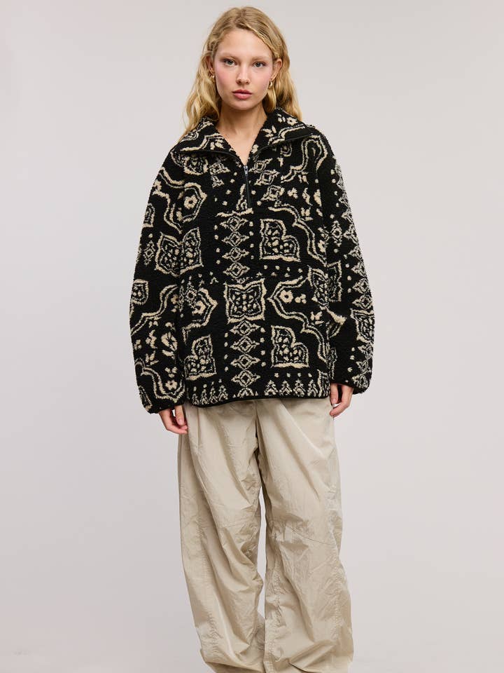 Black Paisley Patchwork Print Sherpa Pullover for wholesale on Faire