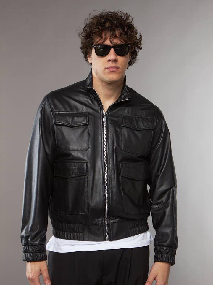 SORT NAPPA LÆDER BLAZER MED FLERE LOMMER for engroshandel hos LAB22