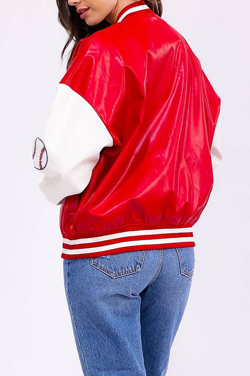 ROUSSEAU - Wholesale Varsity/Baseball Jacket - Women's - BUTTON FRONT POCKETS PU PLEATHER VARSITY JACKET7