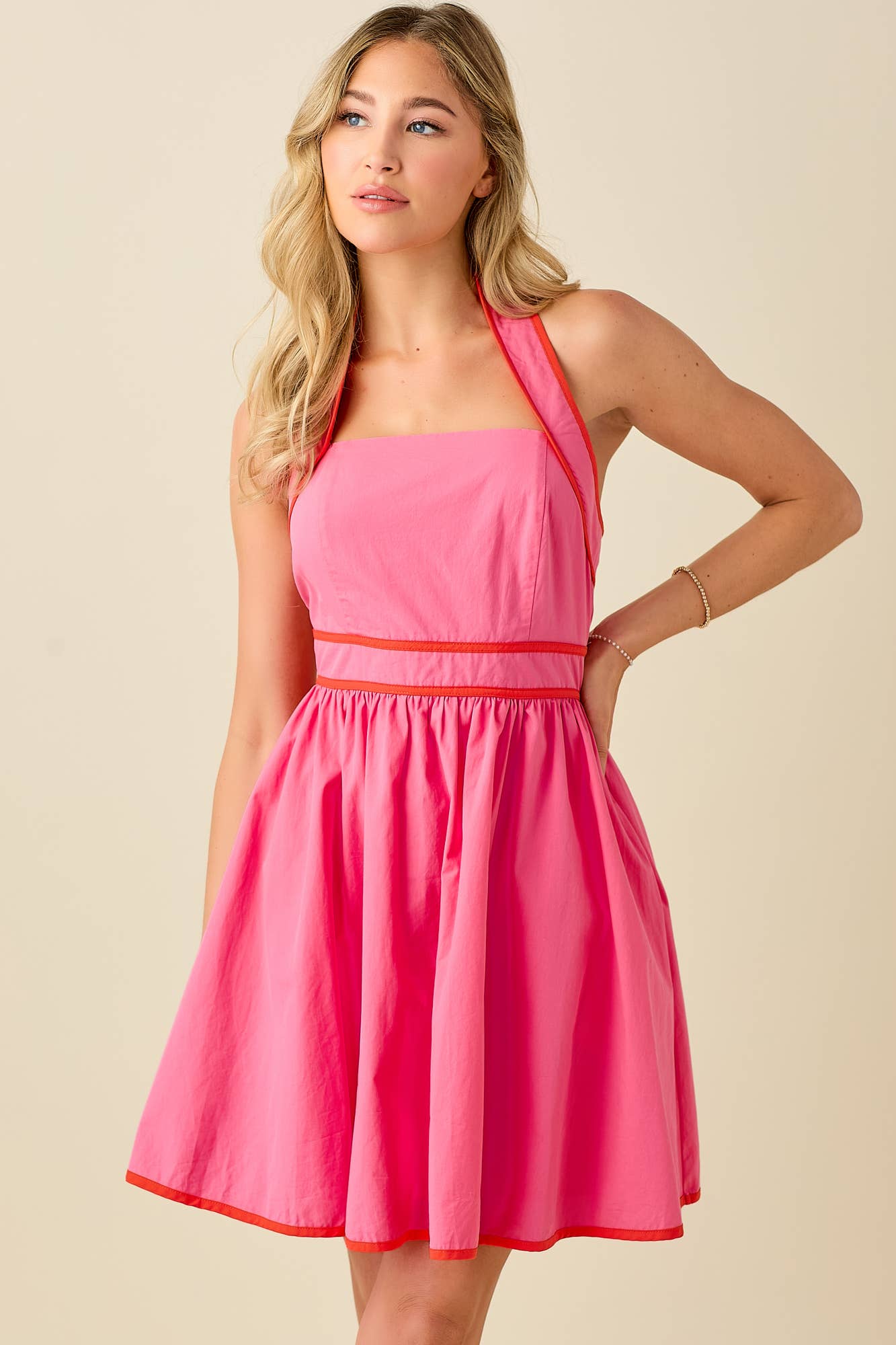 BABY PINK – wholesale Dress – Women's – Halter neck backless mini dress with contrast binding29