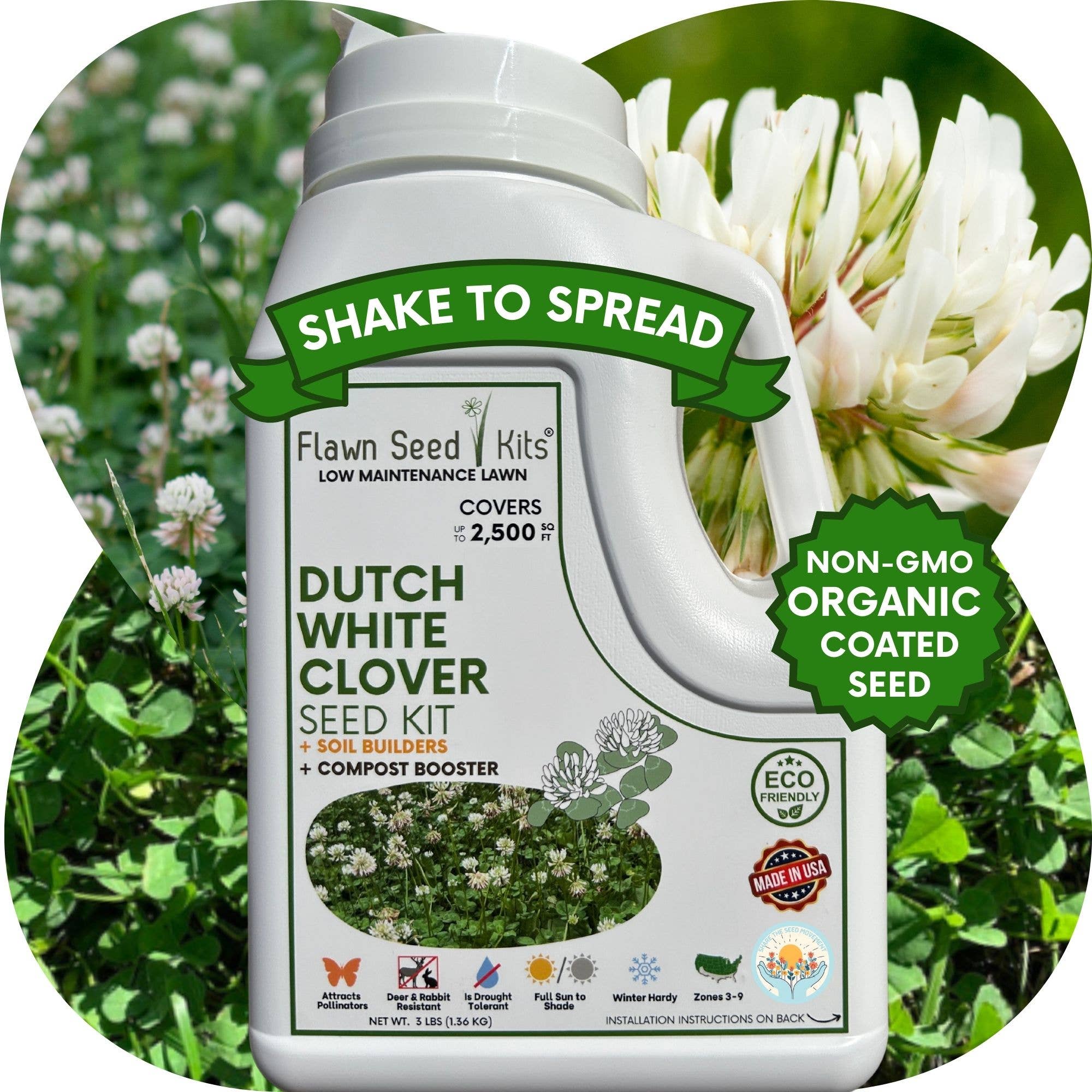 Flawn Seed Kits - Wholesale Plant Seeds - Dutch White Clover Seed Kit Easy Spread Shaker12
