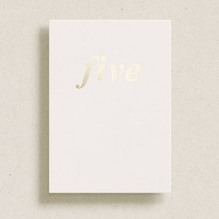 'five' gold foil greeting card for wholesale by Gardners Road