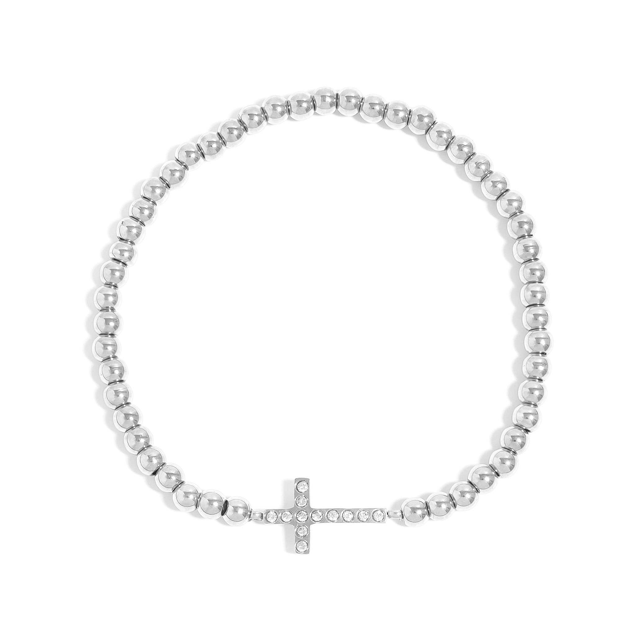 WJW - Wholesale Charm/Dangle Bracelet - 18K Gold PVD CZ Cross Beaded Stretch Bracelet0
