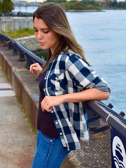 Stylish Shirley & ESJAYMENSWEAR - Wholesale Button Down Shirt - Women's - Ladies Roll Tab Sleeve, Double faced Plaid Button Down Shirt. Navy/Cream. Style 1909