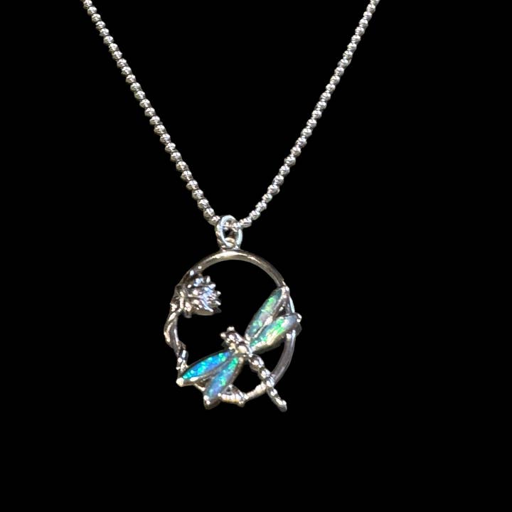 Jackie Gallagher Designs - Handmade Coastal Jewelry - Wholesale Pendant/Charm Necklace - Sterling silver Dragonfly Necklace with lab opal