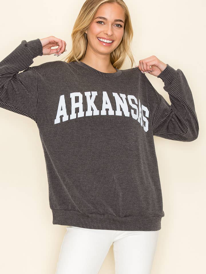Tres Bien, Inc - Wholesale Graphic Sweatshirt - Women's - "ARKANSAS" RIBBED GRAPHIC L/S SWEATSHIRT GAME DAY