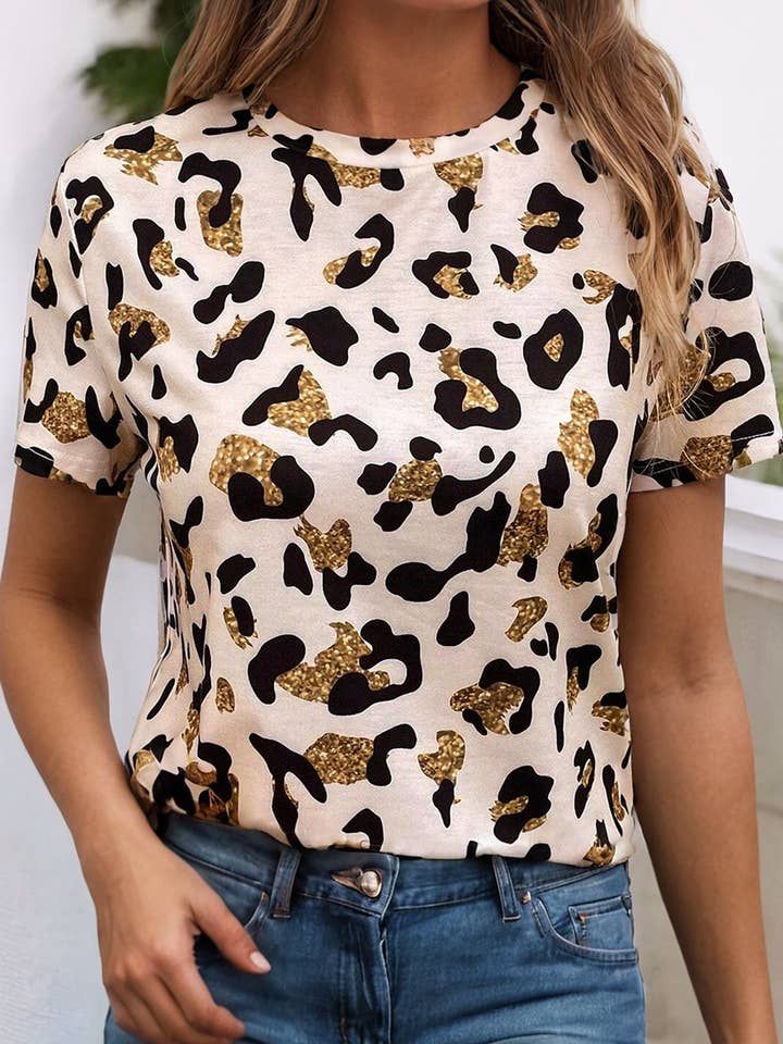 Apricot LDC Leopard Print Round Neck Casual T Shirt for wholesale on Faire0