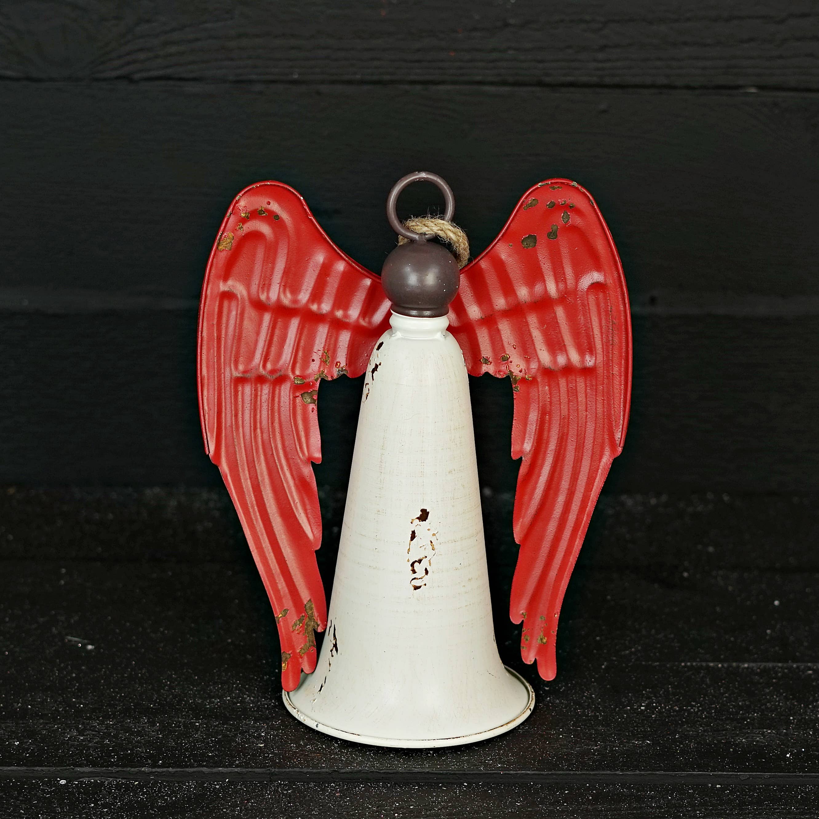 Impressive Enterprises, Inc. - Wholesale Christmas Decoration - M10825-Distressed Metal Angel Bell-WhiteBellw/RedWing-11"x9"5